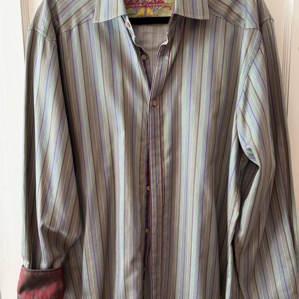 Robert Graham Olive Green and Purple Striped‎ Dress Shirt - Men’s XL